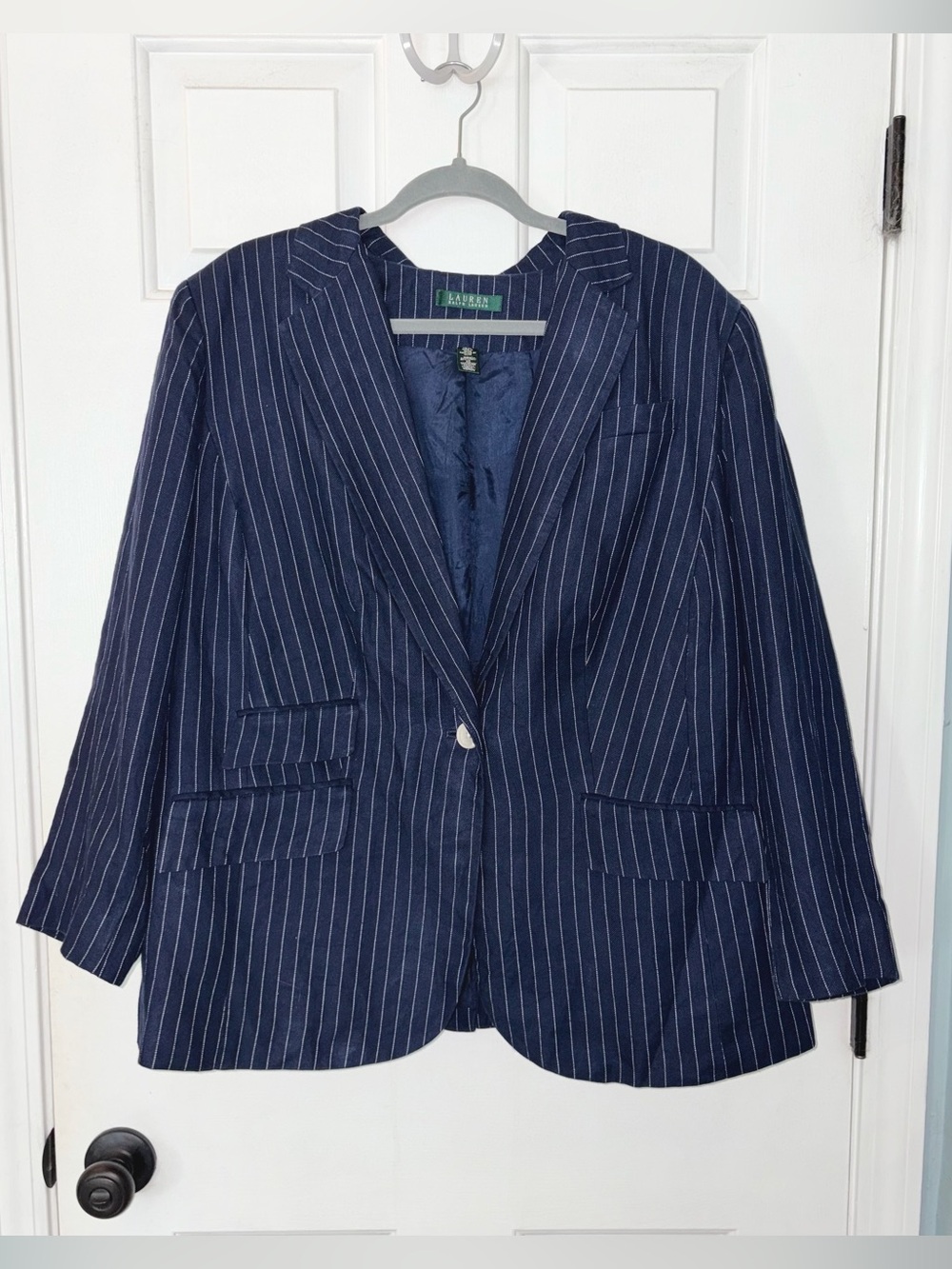Vintage Lauren Ralph Lauren Navy Pinstripe Classic 1 Button Linen Blazer